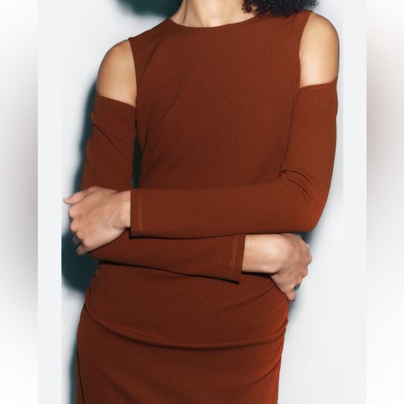 Zara Brown Cutout Ruched Dress Size M - Picture 2 of 4